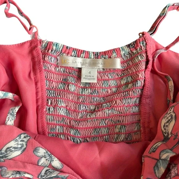 Lauren Conrad Coral Bird Print Spaghetti Strap Apron Sundress Size 4 - Picture 4 of 6